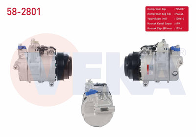 Veka 58-2801 A/C Compressor 6Pk 119,6mm Mercedes C Series (W202) C 180 1993-2000 / E Series (W210) E 200 1995-2002 / S Series