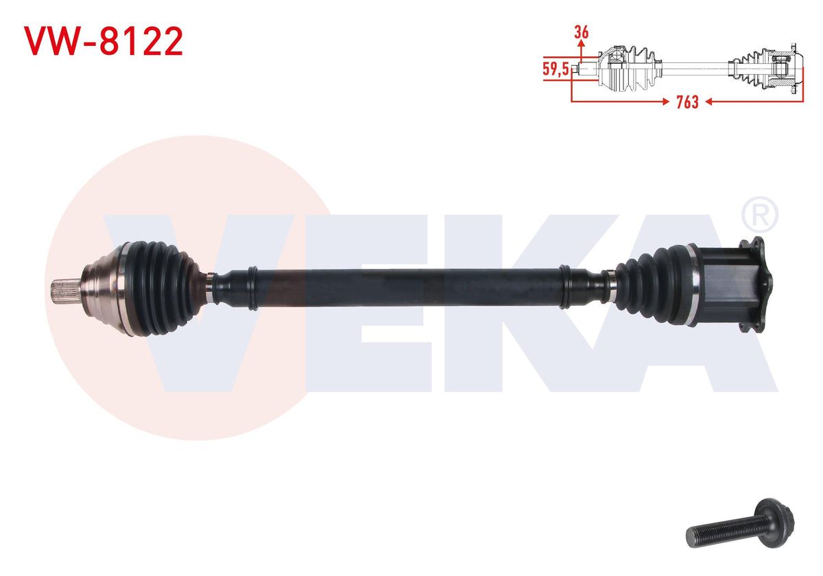 Veka VW-8122 Complete Axle Right Front Length 763mm VW Golf VII (5G1) 2.0 TDI A-T DSG 13-/ Passat (362) 2.0 TDI A-T 10-14 / Caddy IV (Saa) 2.0 TDI A-T 15-/ CC B7 (358) 2.0 TDI A-T 12-16 / Audi A3 (