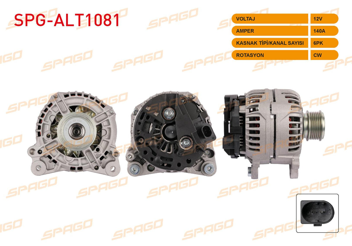 SPAGO SPG-ALT1081 Alternator 12V 140A 6Pk Polo V-Golf V VI-Passat B6 B7-Transporter T5 (1.6 1.9 2.0 TDI — Starting & Charging