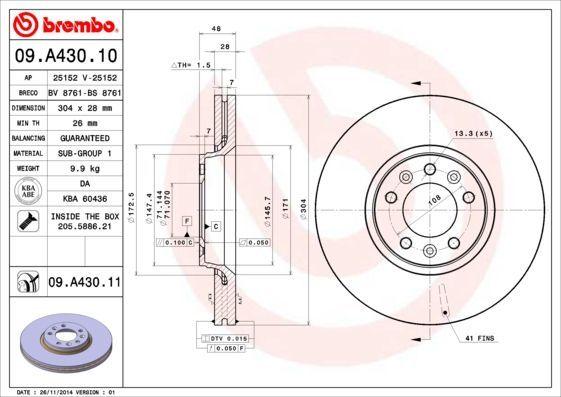 BREMBO 09.A430.10 Brake Disks - Front Brake Discs for Peugeot Expert Tepee, 407 — Brake Rotors & Drums