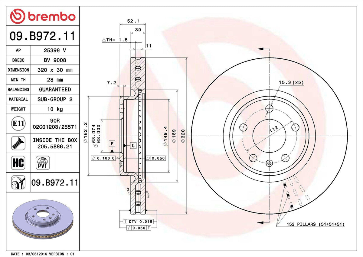 Brembo 09.B972.11 Brake Disc Front Audi A4/A5/A6/Q5 07-19 320x28 Set — Brake Rotors & Drums