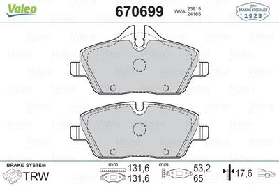 Valeo 670699 Brake Pad Front BMW E87/E90 1.16/3.16 Mini R55/R56/R57/R58/F54 — Brake Pads