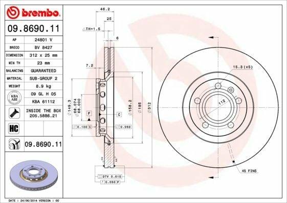 BREMBO 09.8690.11 Inner Ventilated Brake Discs - 2-Pack — Brake Rotors & Drums