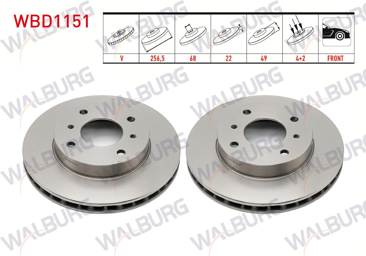 WALBURG WBD1151 Brake Disc Front Air 4 Bjn 256,5X22x68x49 Nissan Primera 1.6i 16V-2.0i 16V-2.0 TD 1996 — Brake Rotors & Drums