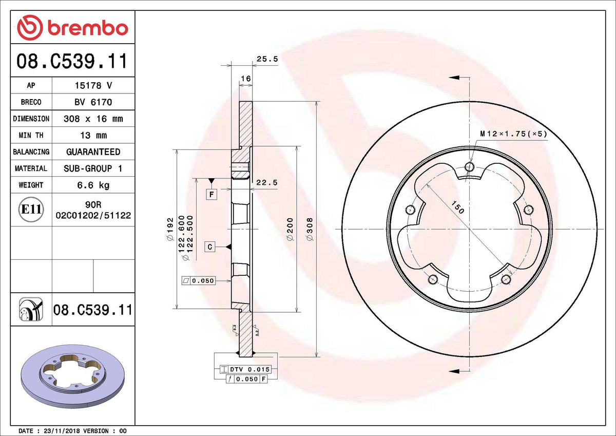 Brembo 08.C539.11 Ford Transit 2018> Rear Disc Set Single Wheel UV Coated Set