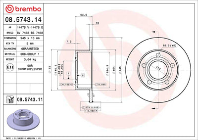 Brembo 08.5743.11 Rear Brake Disc-245×10 5×112 (VW Passat 97-05 Audi A6 95-05 Skoda Superb 02-08) — Brake Rotors & Drums