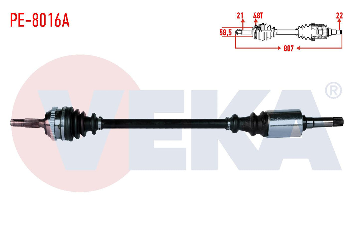 Veka PE-8016A Complete Axle Right Front Peugeot 106 II 1.4i ABS li 48 Outer Length 807mm 1996-2002 — Axles, CV Joints & Boots