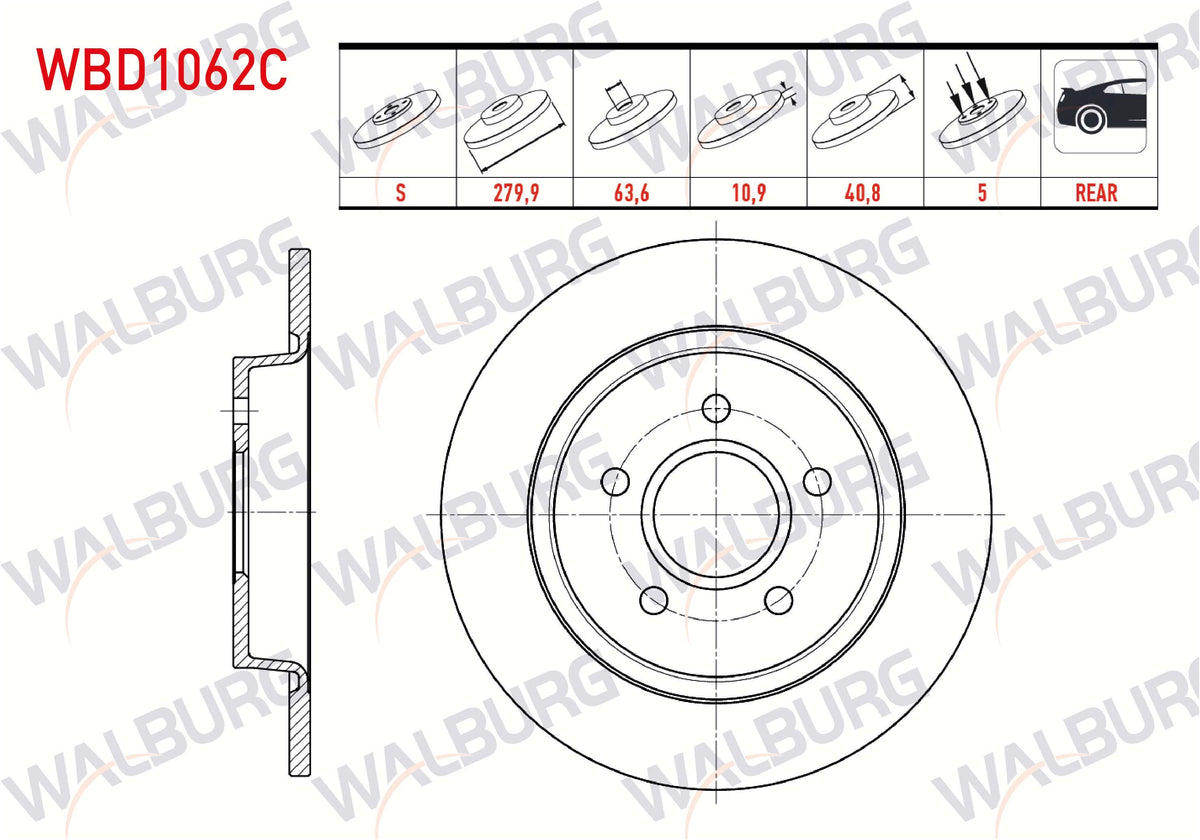 WALBURG WBD1062C Brake Disc Rear Straight Coated 5 Bjn 279, 9X10 and 3 more models — Brake Rotors & Drums