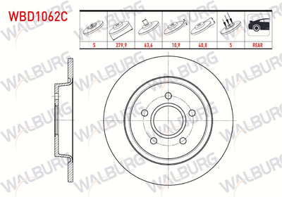 WALBURG WBD1062C Brake Disc Rear Straight Coated 5 Bjn 279, 9X10 and 3 more models — Brake Rotors & Drums