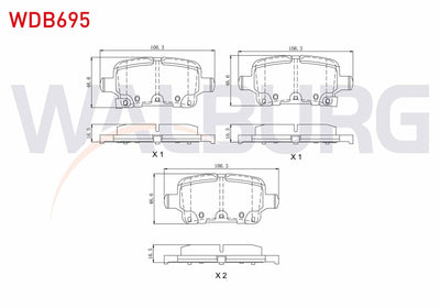 WALBURG WDB695 Brake Pad Rear with Wear Indicator Opel Astra K 1.0i Turbo-1.4i Turbo-1.6 CDTi 15-16 Rim 2015