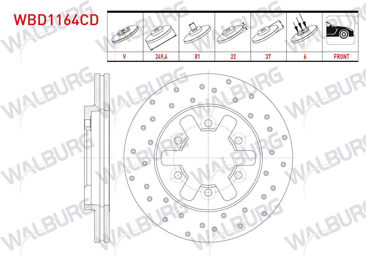 WALBURG WBD1164CD Brake Disc Front Air Coated Performance Drilled 6 Bjn 249 — Brake Rotors & Drums