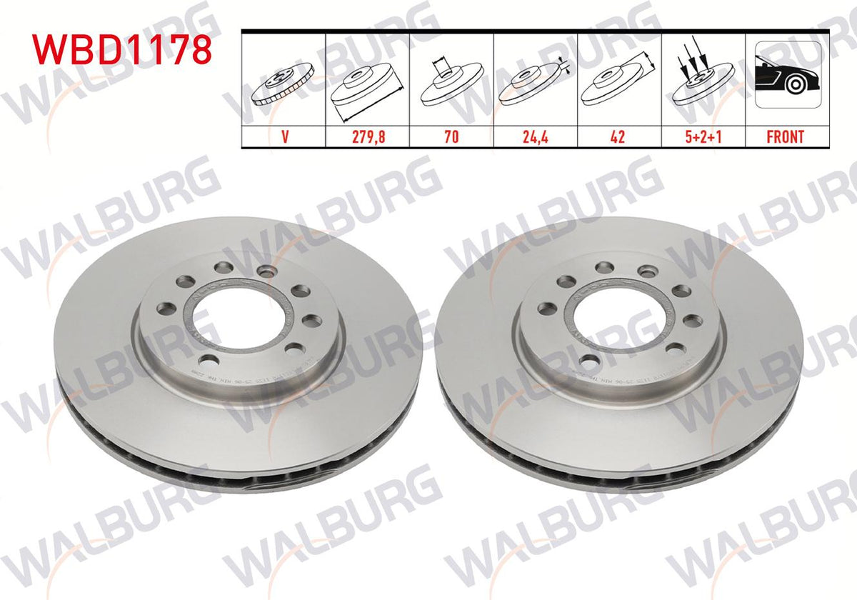 WALBURG WBD1178 Brake Disc Front Air 5 Bjn 279,8X25x70x42 Opel Astra H 1.4i-1.6i-1.3 CDTi-2004-2010 / — Brake Rotors & Drums