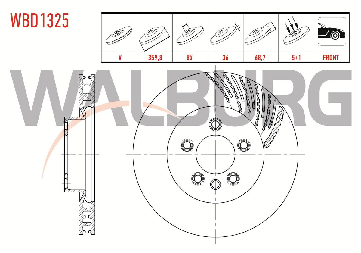WALBURG WBD1325 Brake Disc Left Front Air 5 Bjn 359,80X36x85x68 — Brake Rotors & Drums