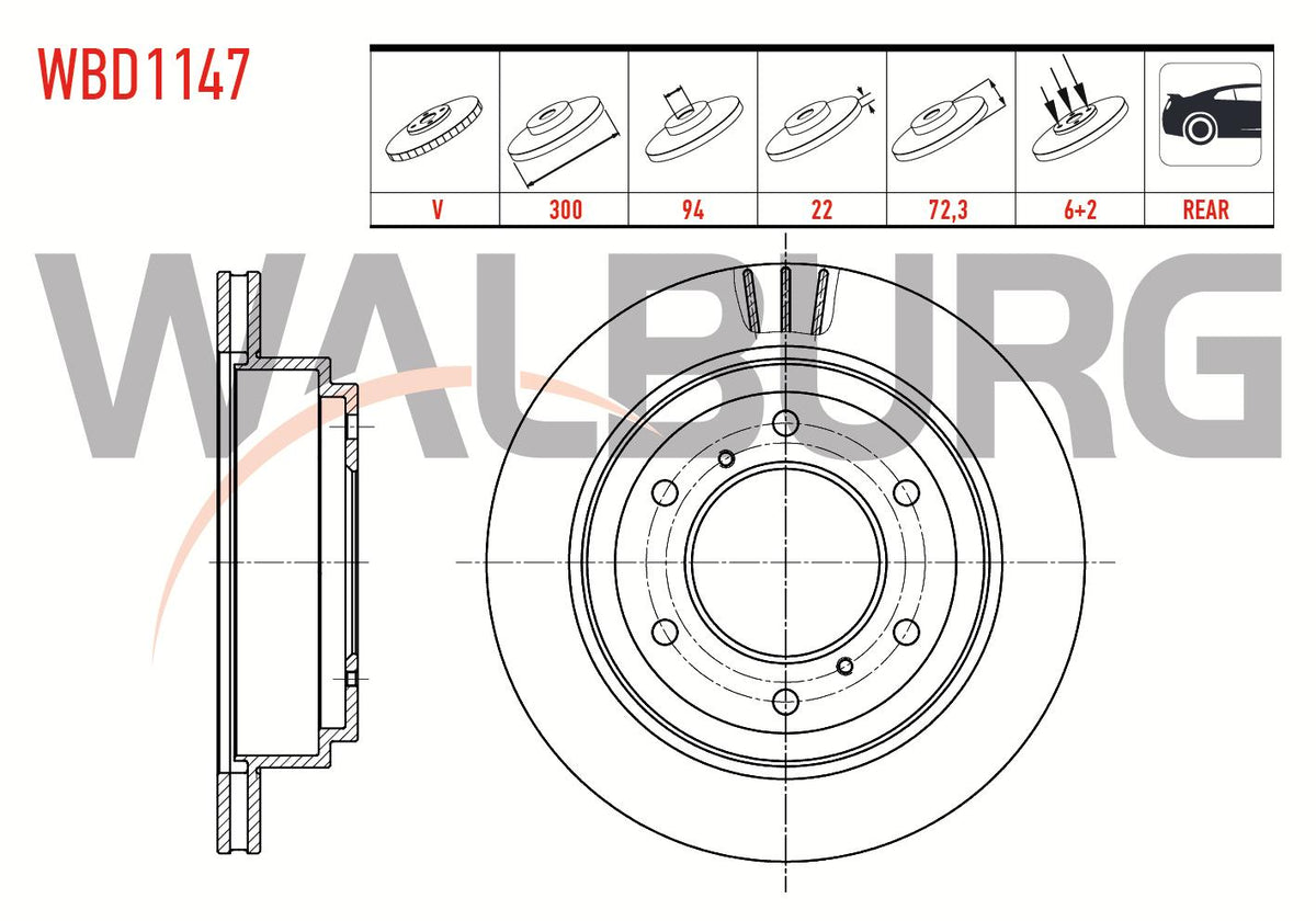 WALBURG WBD1147 Brake Disc Rear Air 6 Bjn 300X22x94.07X72,4 Mitsubishi Pajero IV (V8w,V9w) 3.8 V6 2007-/ Pajero IV (V8w,V9w) 3.2 DI 2007-/ Pajero IV (V8w,V9w) 3.2 DiD 2007-| Set of 2