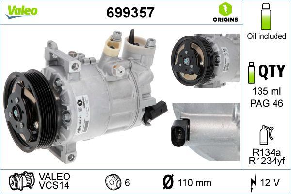 Valeo 699357 A/C Compressor VW Golf V-VI/Jetta/Passat/CC/Caddy/A3/Q3/TT/Leon/Octavia