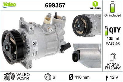 Valeo 699357 A/C Compressor VW Golf V-VI/Jetta/Passat/CC/Caddy/A3/Q3/TT/Leon/Octavia