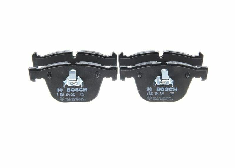 BOSCH brake pad set for BMW X5 and X6, Close-up of BOSCH brake pads technical specifications BOSCH 0986494325 - High-Performance Brake Pads for X5 & X6 | 10-19 BOSCH Fren Balata Seti - High-Performance Brake Pads bosch, brake-pads, car-maintenance, automotive-parts, x5-x6-parts, braking-systems, car-owners, mechanics, high-performance-brakes, ai-generated