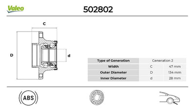 Valeo 502802 Wheel Bearing Front (Wheel Hub) Smart Fortwo Coupe (450) 04 > 07 Fortwo Cabrio (450) 04 > 07 — Wheel Bearings