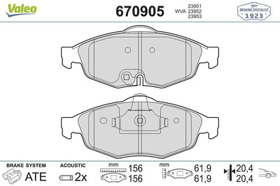 Valeo 670905 Brake Pad Front Chrysler Cirrus/Sebring/Stratus 2.0 2.4 2.5 01- — Brake Pads