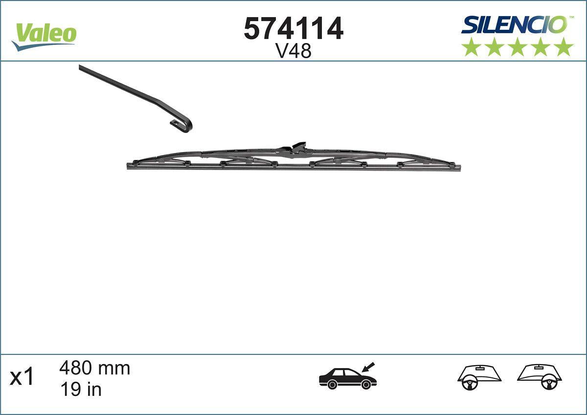 Valeo 574114 Wiper Blade Silencio (X1 V 48) (Volkswagen Golf Opel Vectra Ford Fiesta) — Wipers