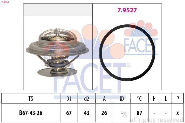 facet thermostat, 87 degree celsius thermostat, vehicle thermostat front view, thermostat technical specifications FACET 7.8385 Thermostat 87°C - Compatible with M102, M103, OM615, OM904 | High-Performance Cooling Solution FACET 87°C Thermostat for Various Models facet, thermostat, automotive-parts, cooling-system, engine-components, replacement-parts, vehicle-maintenance, car-accessories, 87-degree-thermostat, ai-generated