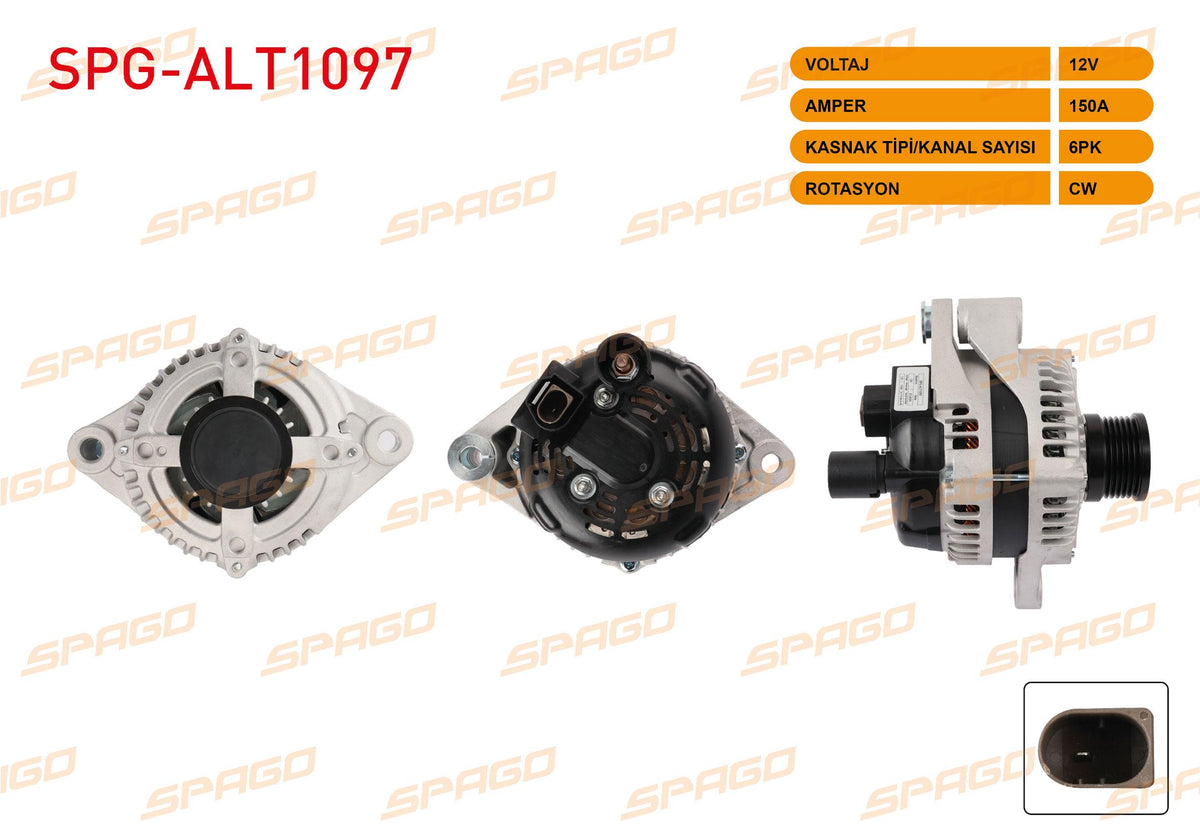 SPAGO SPG-ALT1097 Alternator 12V 150A 6Pk (Alt4443) Doblo 16-23-Egea 16-20 / Giulietta 10-/ Renegade 14-(1.6 2.0 Mjt Start-Stoplu Vehicles for)