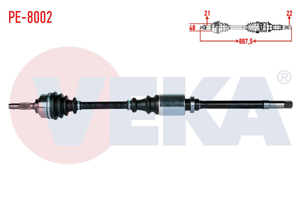 Veka PE-8002 Complete Axle Right Front Peugeot 206 (2A / C) 1.4i 16V Length 887,5mm 1998-2006 — Axles, CV Joints & Boots
