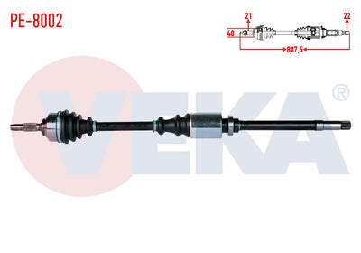 Veka PE-8002 Complete Axle Right Front Peugeot 206 (2A / C) 1.4i 16V Length 887,5mm 1998-2006 — Axles, CV Joints & Boots
