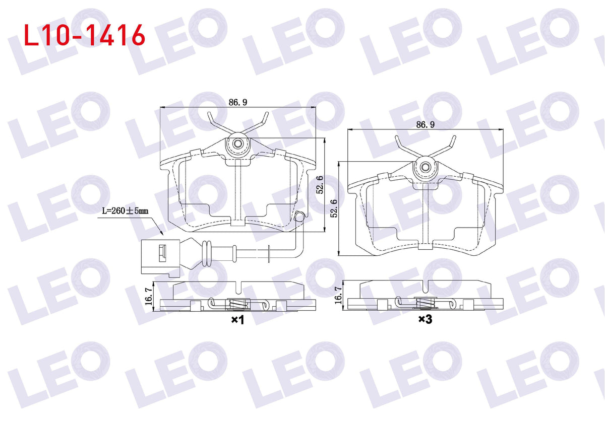 LEO L10-1416 Brake Pad Rear with Connector VW Polo (9N_) 1.6i 16V 2001-2012 / 1.4 TDI 2001-2012 / 1.4i 16V 2001 — Brake Pads