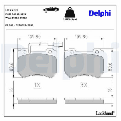 Delphi LP2200 Brake Pad Front with Connector Alfa Romeo 159 1.8/1.9/2.2/2.4/3.2 05-11 Brera 1.8/2.2/3.2 06-11 — Brake Pads