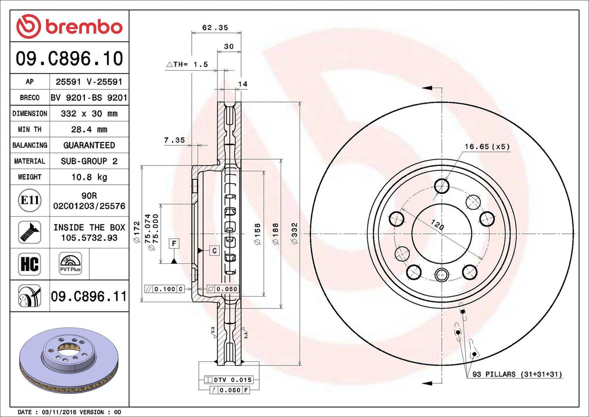 Brembo 09.C896.11 Brake Disc Front BMW X3 E83-X5 E53 332mm, Set of 2 — Brake Rotors & Drums