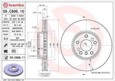 Brembo 09.C896.11 Brake Disc Front BMW X3 E83-X5 E53 332mm, Set of 2 — Brake Rotors & Drums
