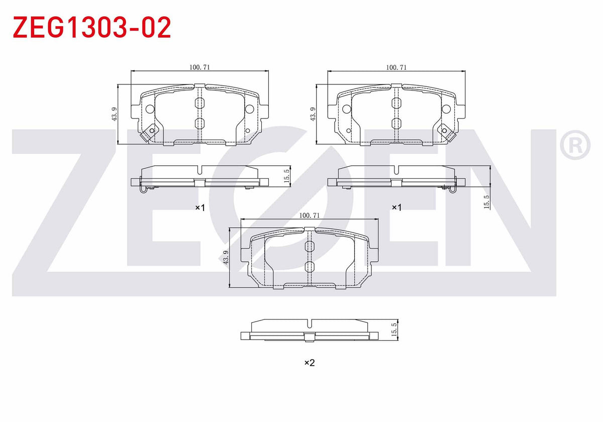 Zegen ZEG1303-02 Brake Pad Rear with Wear Indicator Kia Carens III 2.0 CRDi 2006-/ Sportage 1.6 GDI 4X2 17 Rim 2010-/ Hyundai Ix35 (Lm) 1.6 GDI 4X2 17 Rim 2010