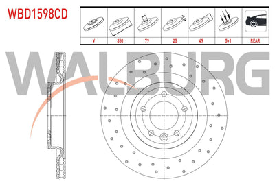 WALBURG WBD1598CD Brake Disc Rear Air Coated Performance Drilled 5 Bjn 350X25x79x49 Land Rover Range R — Brake Rotors & Drums