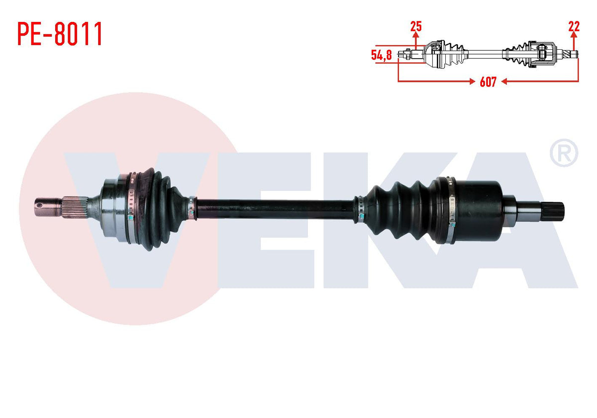Veka PE-8011 Complete Axle Left Front Peugeot 306 (7B,N3,N5) 1.6i Length 607mm 1993-2002 — Axles, CV Joints & Boots