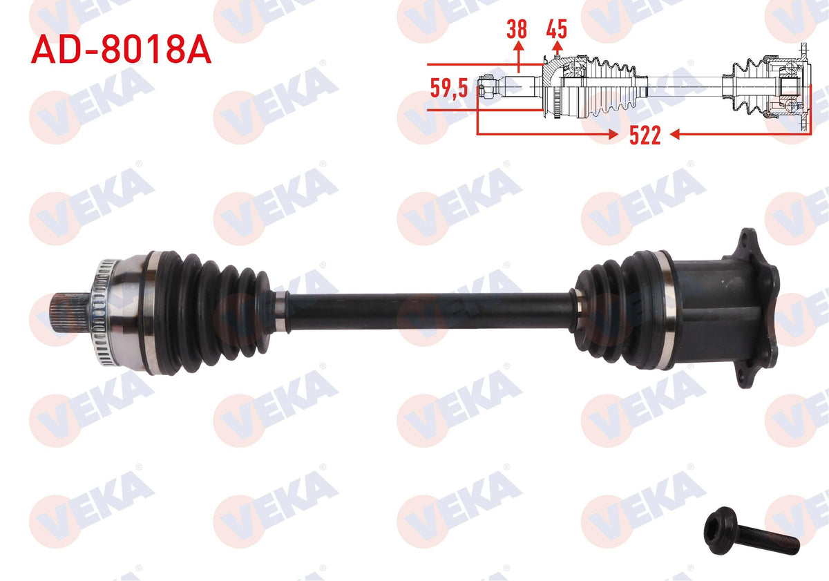 Veka AD-8018A Complete Axle Left-Right Front ABS li 45 Outer Length 522mm Audi A6 (8E2) 2.0 2000-2 — Axles, CV Joints & Boots