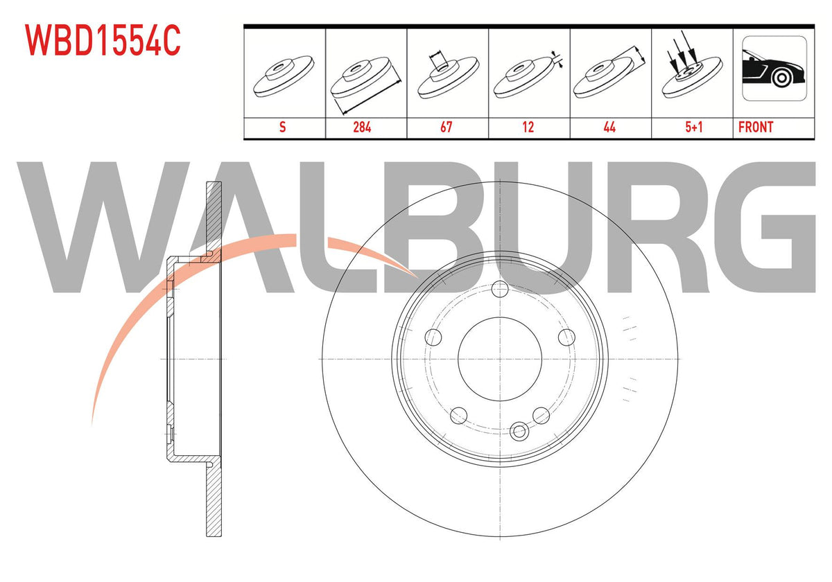 WALBURG WBD1554C Brake Disc Front Straight Coated Mercedes C Series (W202) C 200 D 5 Bjn 284X12x67x44 — Brake Rotors & Drums