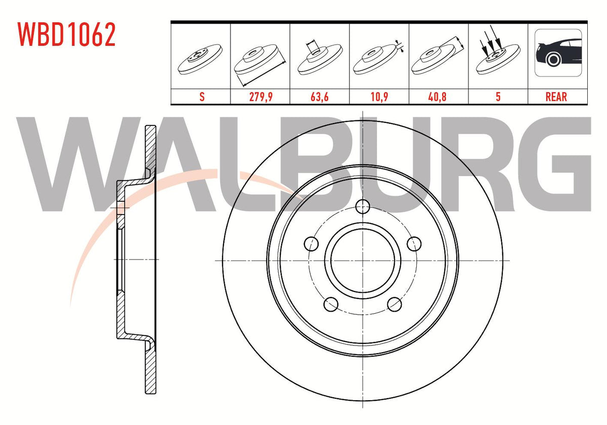 WALBURG WBD1062 Brake Disc Rear Straight 5 Bjn 279, 9X10 and 3 more models — Brake Rotors & Drums