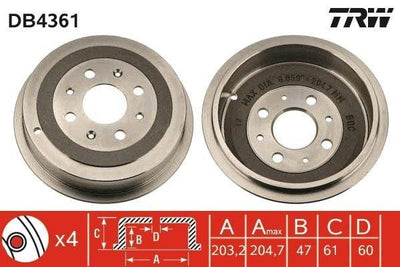 TRW DB4361 Rear Brake Drum 203.2mm Diameter — Brake Rotors & Drums