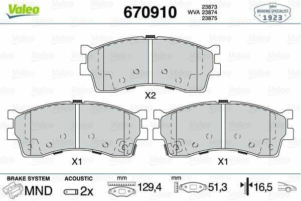 Valeo 670910 Brake Pads - Front Brake Set for 01-05 Shuma 1.6 + ABS