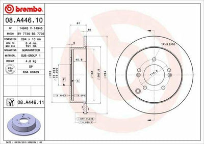 Brembo 08.A446.10 Rear Brake Disks 284 mm Dull Type Compatible with Hyundai Tucson, Hyundai Sportage — Brake Rotors & Drums