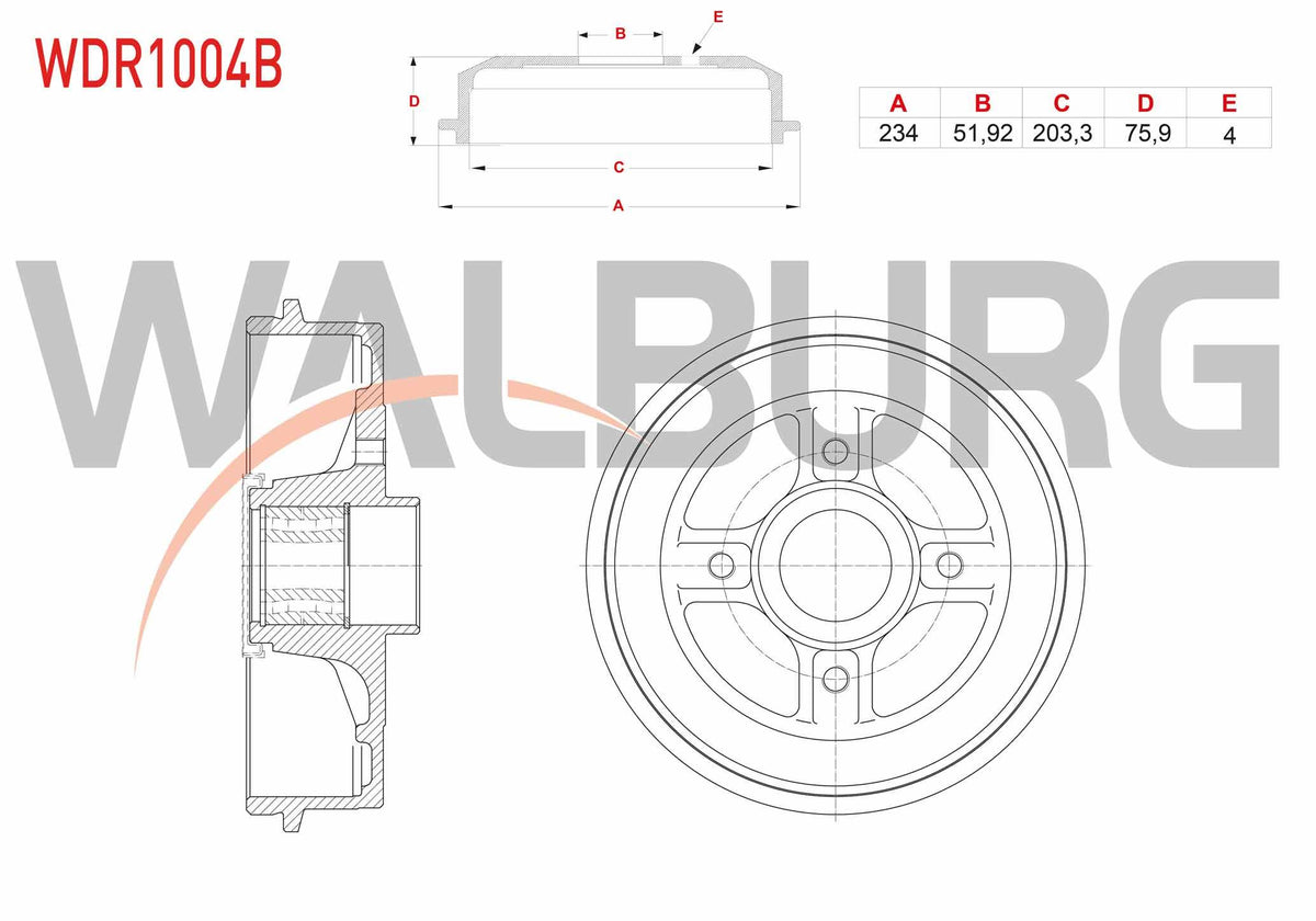 WALBURG WDR1004B Brake Drum Rear with Bearing 4 Hole 234X51, 92X203 and 2 more models — Brake Rotors & Drums