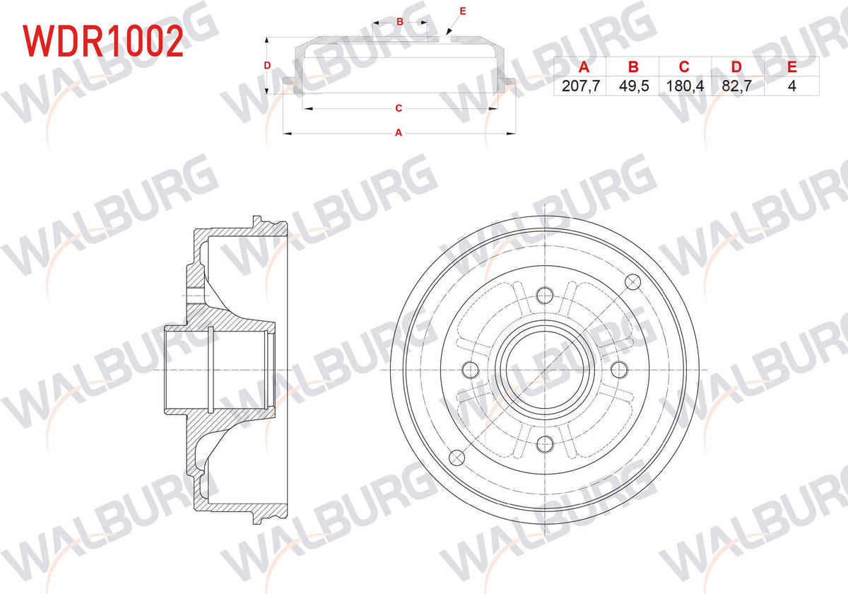 WALBURG WDR1002 Brake Drum Rear 4 Hole 207, 7X51 and 3 more models — Brake Rotors & Drums