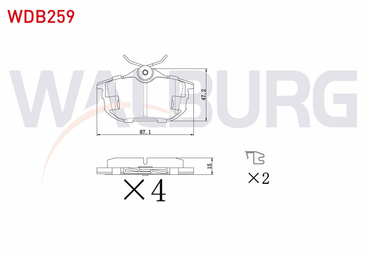 WALBURG WDB259 Brake Pad Rear Volvo S40 I 1.6i 16V 1995-2003 / S40 I 1.8i 16V 1995-2003 / S40 I 1.9 TD 1995-2003 / Mitsubishi Carisma (Da) 1.8 GDI 1995-2006 / Colt VI 1.3 2002-2012 / Colt