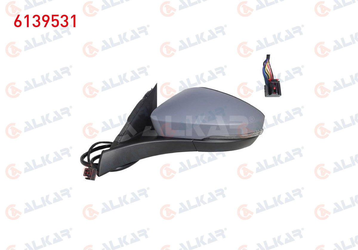 Alkar 6139531 Outer Rear View Mirror Left Electric Aspheric Heated Primed with Turn Signal 6 Pin — Tail, Signal & Reflectors