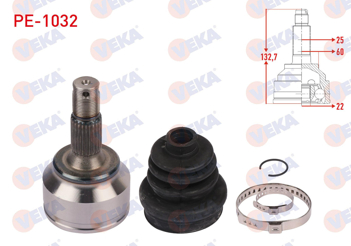 Veka PE-1032 CV Joint Left Front Outer Length 132,7mm Peugeot 206 (2A / C) 1.6i 16V M-T 1998-2006 — Axles, CV Joints & Boots