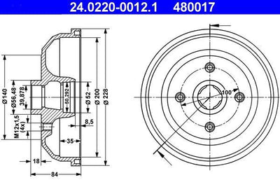 ATE 24.0220-0012.1 Brake Drum Opel Corsa B /Tigra A ABS, Siz — Brake Rotors & Drums