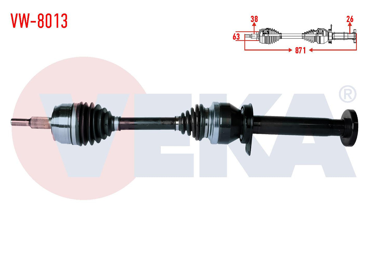 Veka VW-8013 Complete Axle Right Front Volkswagen Transporter V (7Ha,7Hh,7Ea,7Eh) 2.5 TDI Length 871mm 2003-2011