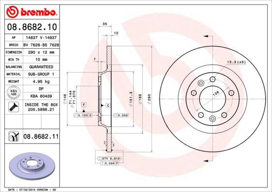 Brembo 08.8682.10 Brake Disc Rear [290 / 12-10 mm]-(Peugeot 407 1.6 HDi 1.8 2.0 2.0Hdi) — Brake Rotors & Drums