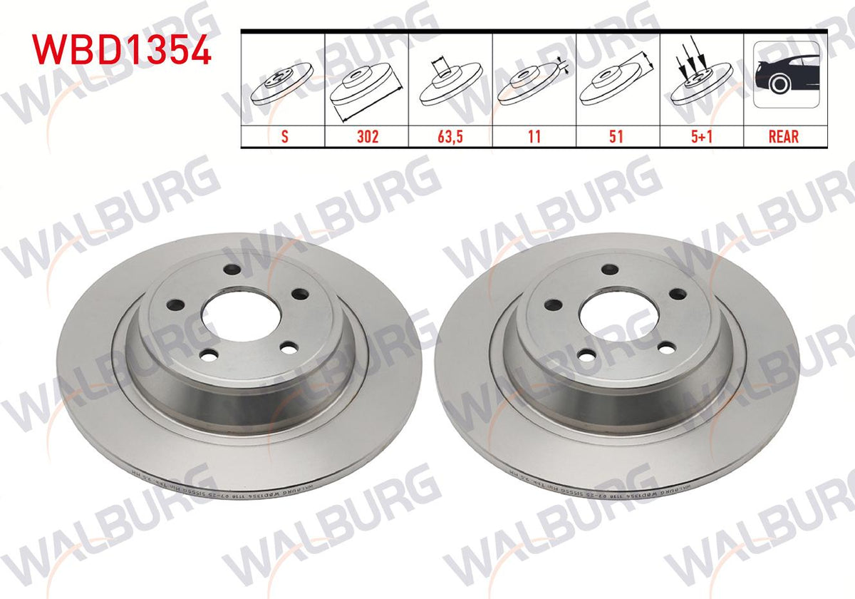 WALBURG WBD1354 Brake Disc Rear Straight 5 Bjn 302X11x63 — Brake Rotors & Drums